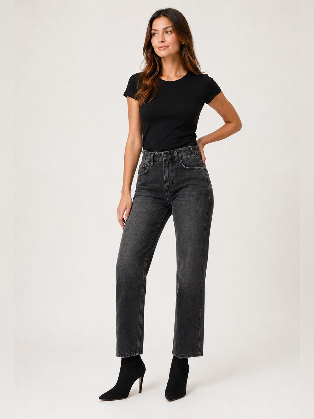 GOOD AMERICAN High Rise Cropped Straight Leg Washed Black Denim Jean Size 15 NEW
